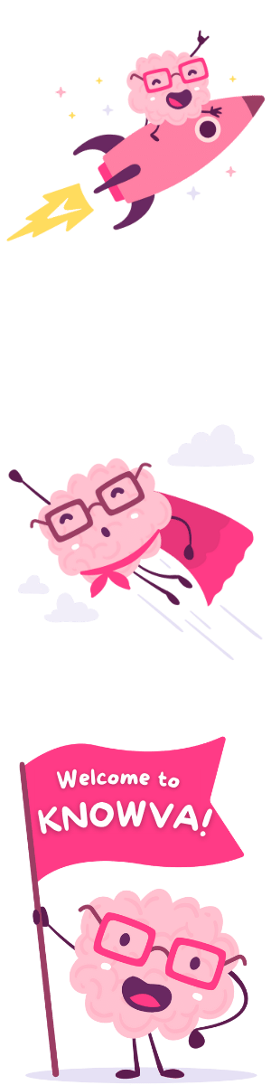 Knowva - Many Brains Our Cartoon Mascot welcoming you to Knowva, soaring through the sky as a superhero of learning, and riding a rocket to limitless knowledge.