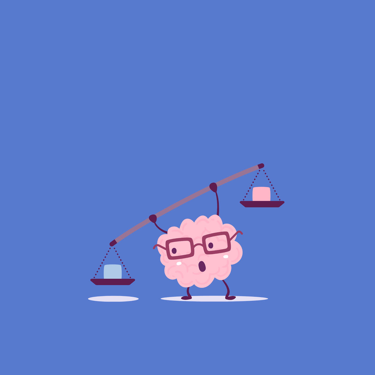 A hero image featuring our cartoon brain mascot Knowva, holding a long stick with two weights on either end, like an old-fashioned weighing scale.