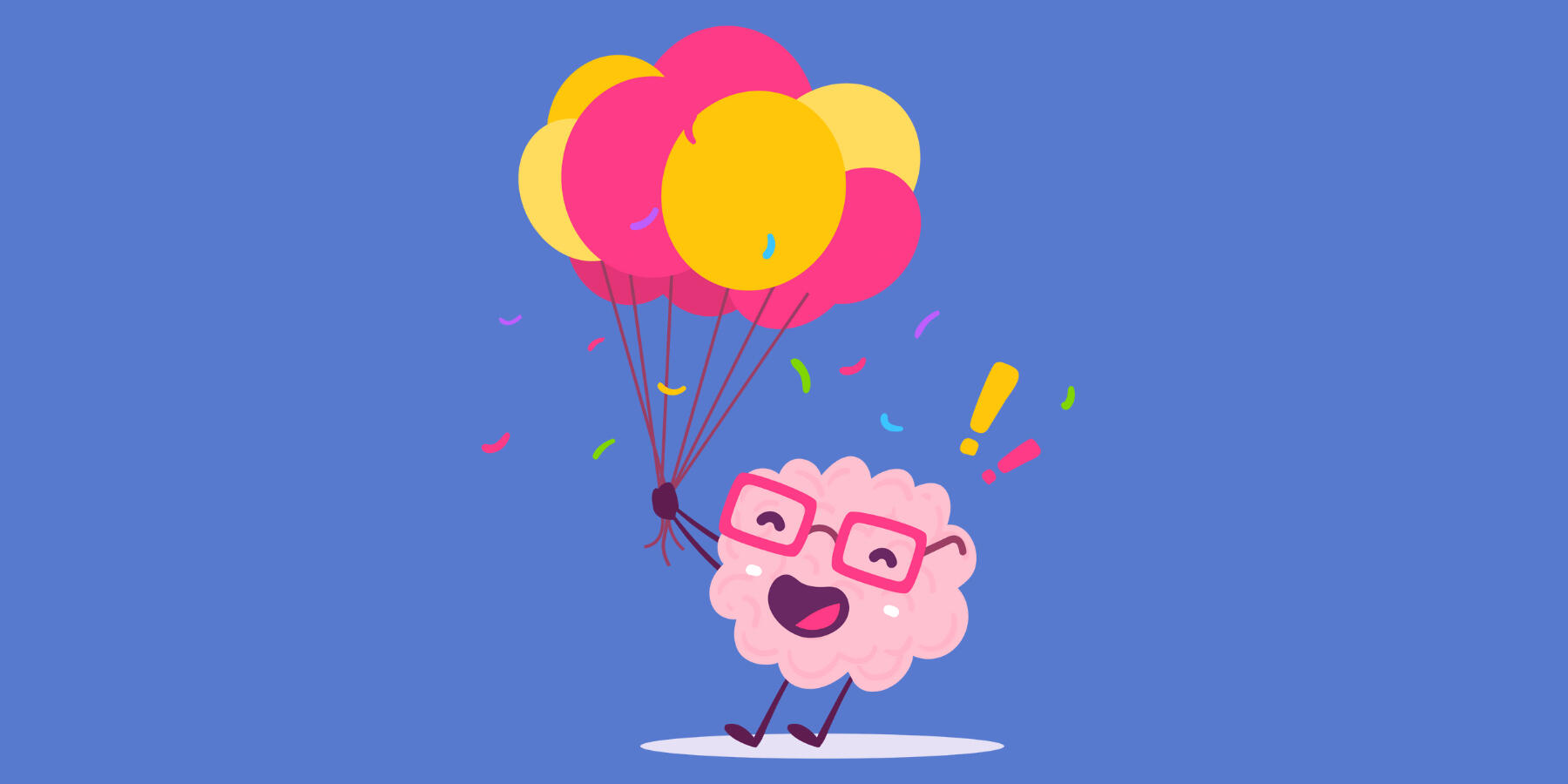 A hero image featuring our cartoon brain mascot Knowva, joyfully holding on to a bunch of colourful balloons.