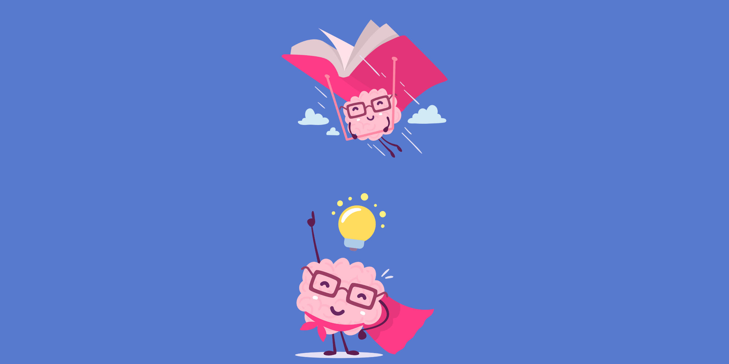 Knowva Hero Image - Shop A hero image featuring our cartoon brain mascot Knowva. At the top, he's using a book as a paraglider. At the bottom, he has an idea lightbulb.