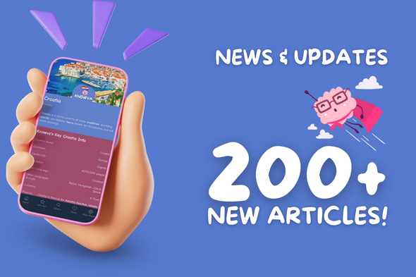 A graphic showing a phone using the Knowva app. Text reads 'News & Updates - 200+ new articles!' alongside other Knowva grap