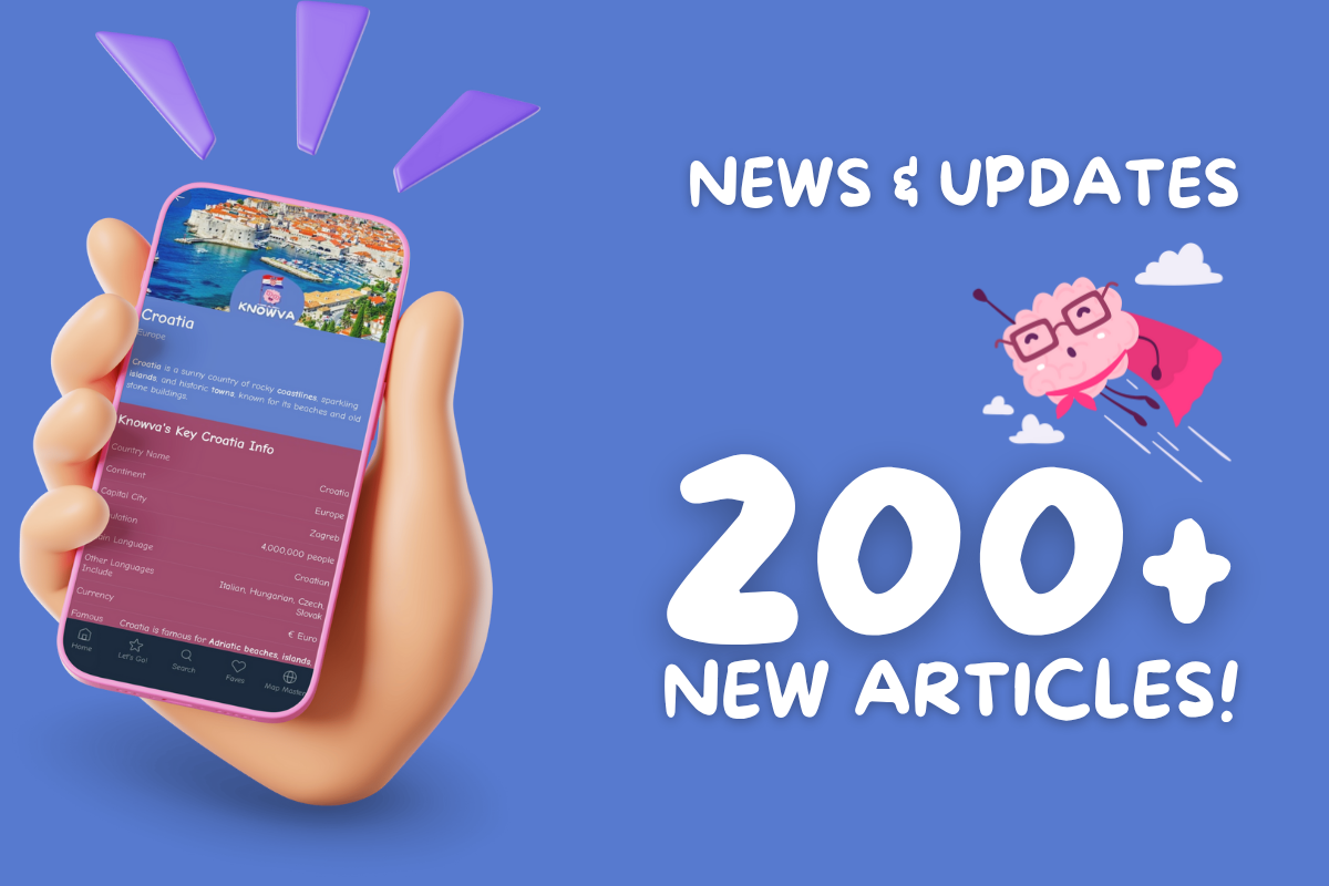 A graphic showing a phone using the Knowva app. Text reads 'News & Updates - 200+ new articles!' alongside other Knowva grap