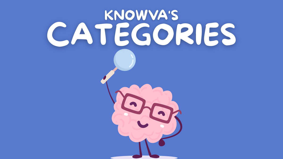 A graphic of Knowva's brain mascot holding a magnifying glass, under text that reads 'Knowva's Categories' on a blue background. 