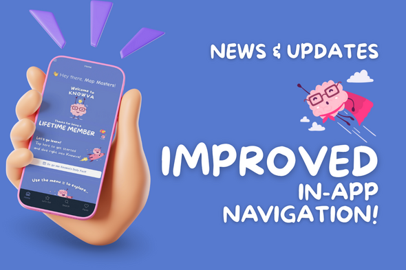 A blog cover post featuring a hand holding a phone with the Knowva app's new Home Screen shown. Text reads 'News & Updates - Improved in-app navigation!' 