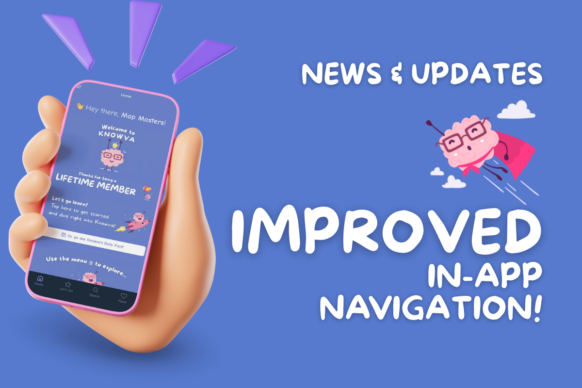 A blog cover post featuring a hand holding a phone with the Knowva app's new Home Screen shown. Text reads 'News & Updates - Improved in-app navigation!' 